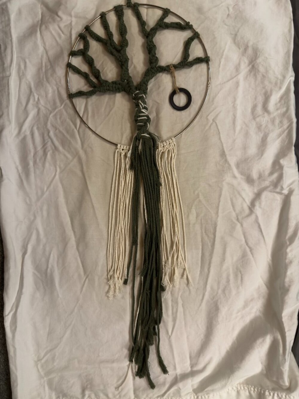 10" Silver Round Ring Boho Macrame Green & Cream Tree of Life with Tree Swing